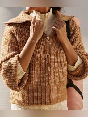 Varley Ridley Dalmatian Half-Zip Knit Pull Over - Bronze/Tan - Size Large